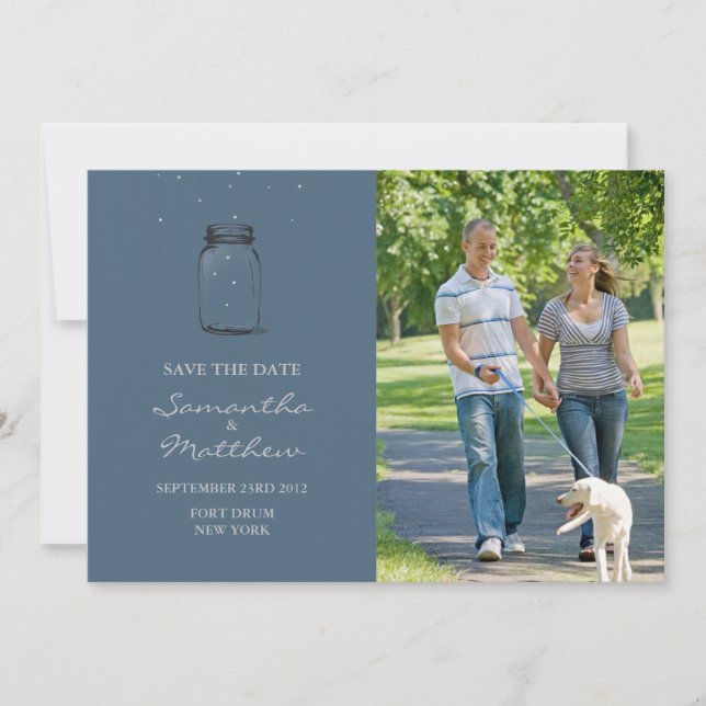 Mason Jar Photo Save the Date Card - Blue (Front)