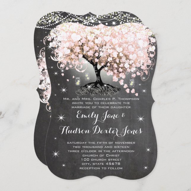Mason Jar Pink Chalkboard Heart Leaf Tree Invitation (Front/Back)