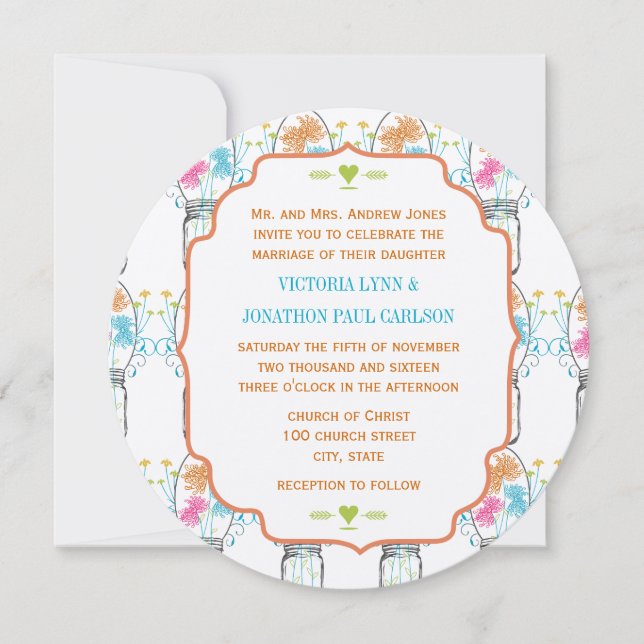 Mason Jar Pink Coral Turquoise Floral Wedding Invitation (Front)