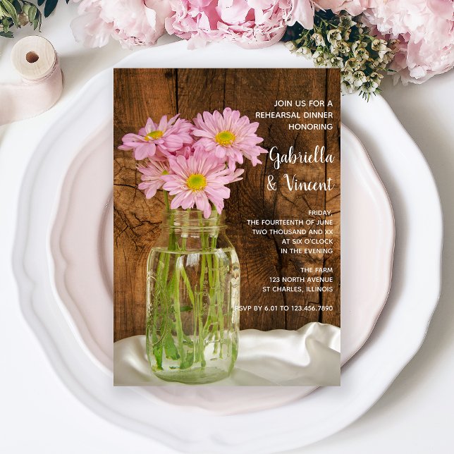 Mason Jar Pink Daisies Wedding Rehearsal Dinner Invitation (Creator Uploaded)