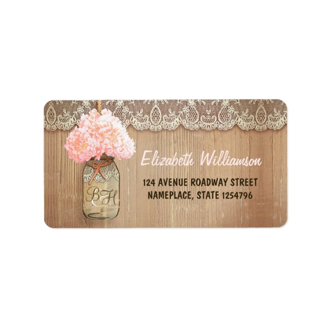 mason jar pink hydrangea address label for wedding (Front)