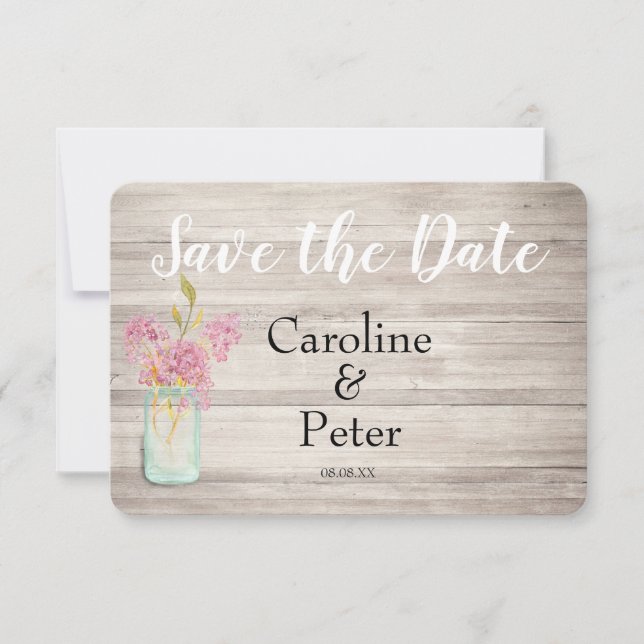 Mason Jar Pink Lilac Rustic Save the Date Card (Front)