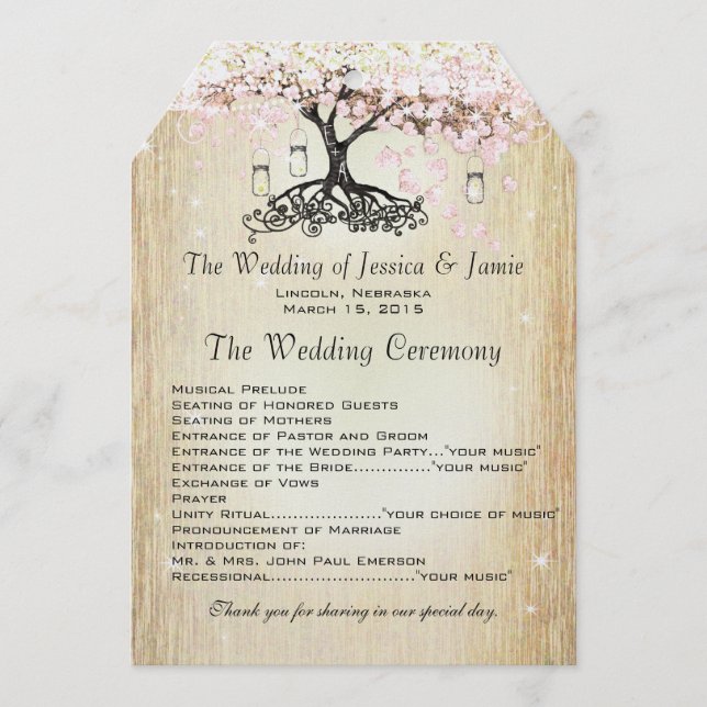 Mason Jar Pink Rose Gold Heart Leaf Tree Program Programme (Front)