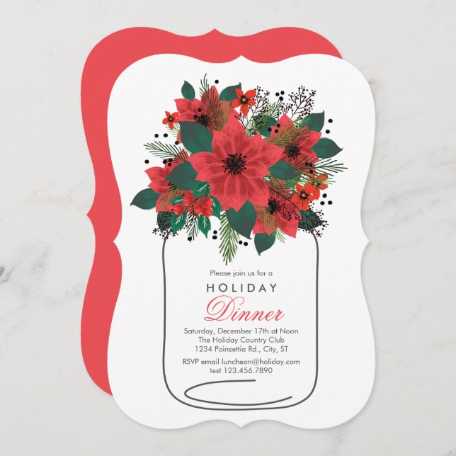 Mason Jar Poinsettia Holiday Dinner Invitation (Front/Back)