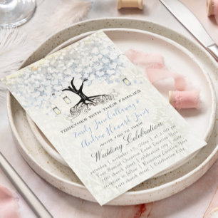 Mason Jar Powder Blue Heart Leaf Tree Damask Invitation