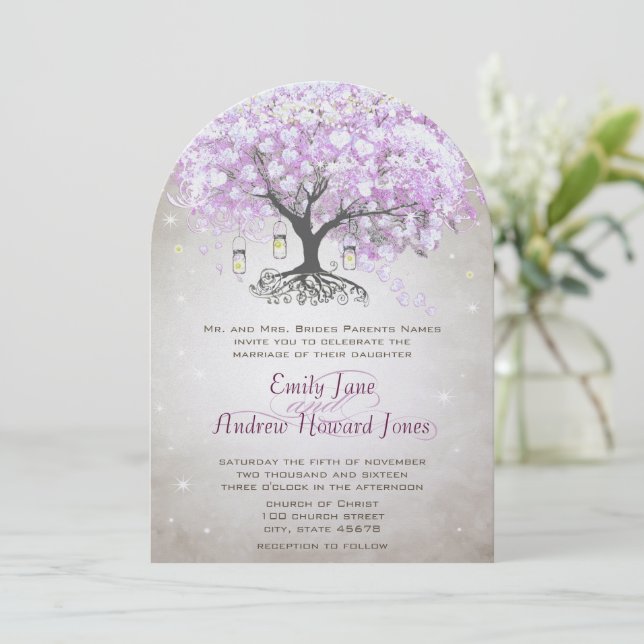 Mason Jar Radiant Lavender Leaf Tree Wedding Invitation (Standing Front)