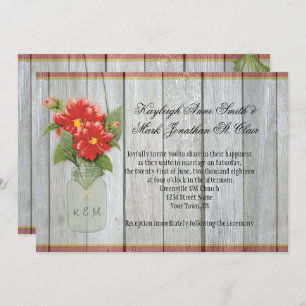 Mason Jar Red Dahlias Barn Wood Invitations