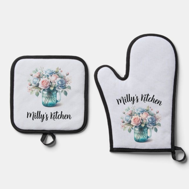 Mason Jar Rose Bouquet Personalised  Oven Mitt & Pot Holder Set (Front)