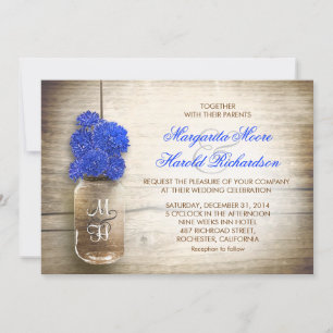 Mason jar & royal blue flowers wedding invitations