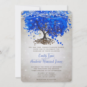 Mason Jar Royal Blue Heart Leaf Tree Wedding Invitation