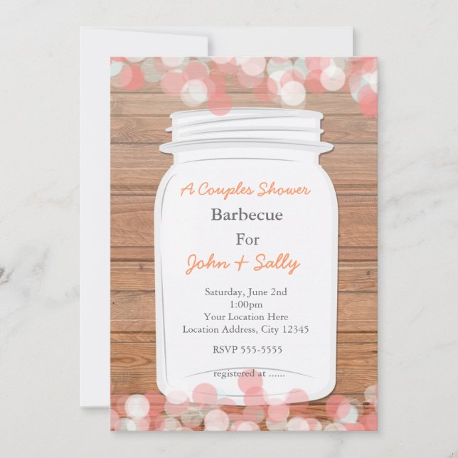 Mason Jar Rustic Bridal Salmon Lights Invitation (Front)