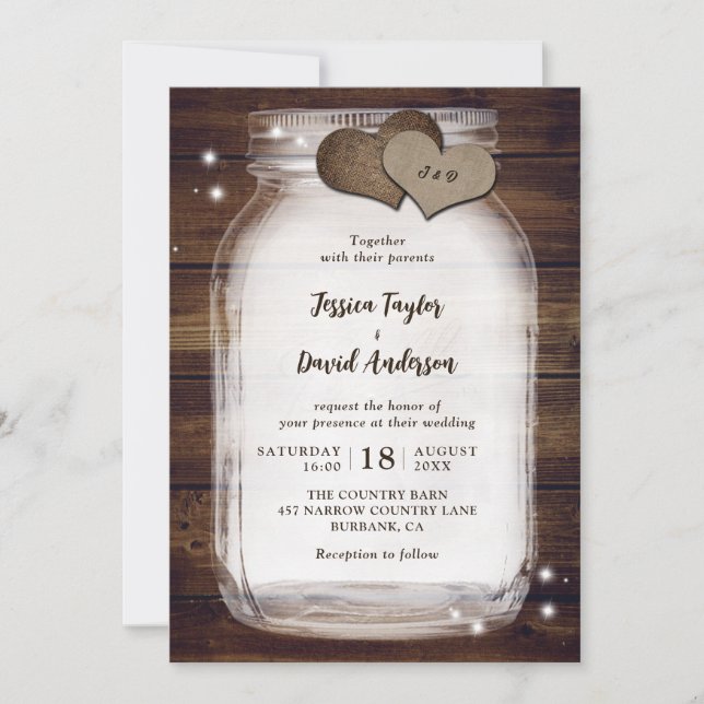 Mason Jar Rustic Burlap Hearts Barn Wood Wedding Invitation (Front)