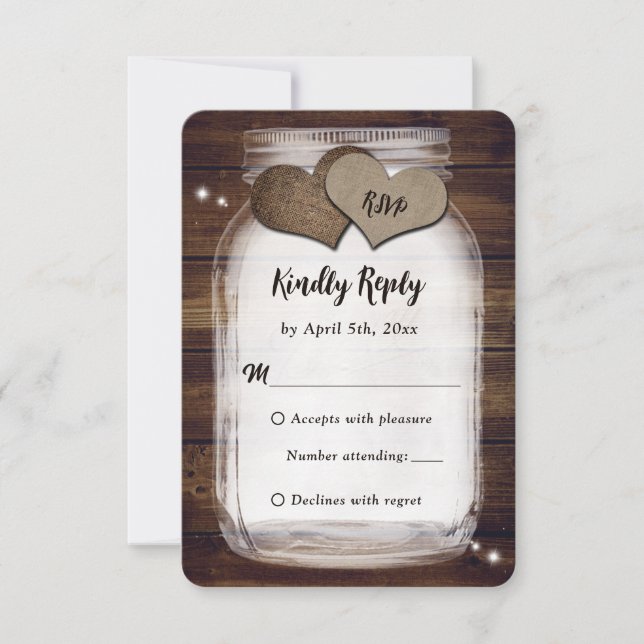 Mason Jar Rustic Country Burlap Heart Wedding RSVP Card (Front)