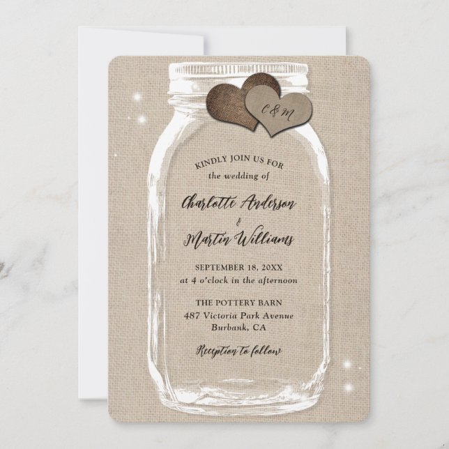 Mason Jar Rustic Country Burlap Wedding Invitation (Front)