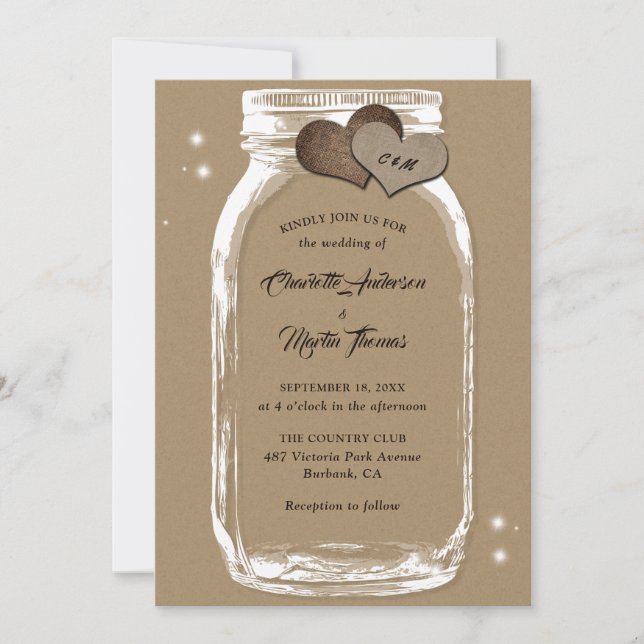 Mason Jar Rustic Country Kraft Paper Wedding Invitation (Front)