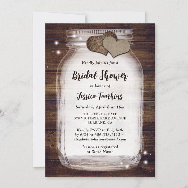 Mason Jar Rustic Country Wood Burlap Bridal Shower Invitation (Front)