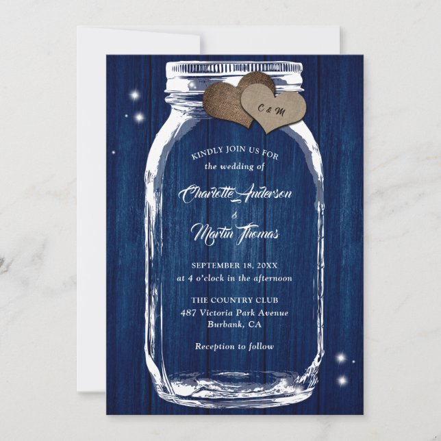 Mason Jar Rustic Country Wood Navy Blue Wedding Invitation (Front)