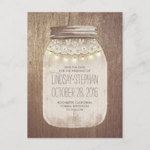 Mason Jar Rustic Lace & Lights Save The Date Announcement Postcard