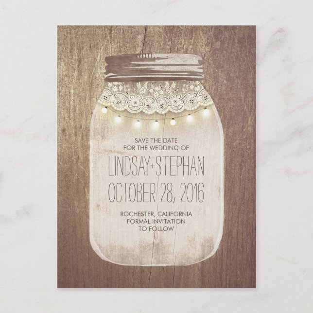 Mason Jar Rustic Lace & Lights Save The Date Announcement Postcard (Front)