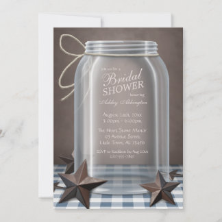 Mason Jar Rustic Stars Blue Gingham Bridal Shower Invitation