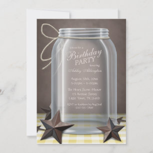 Mason Jar Rustic Stars Yellow Gingham Birthday Invitation