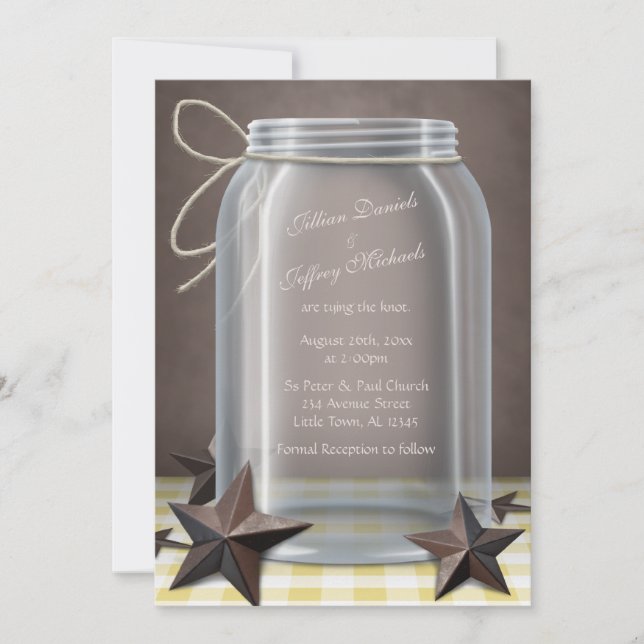 Mason Jar Rustic Stars Yellow Gingham Wedding Invitation (Front)