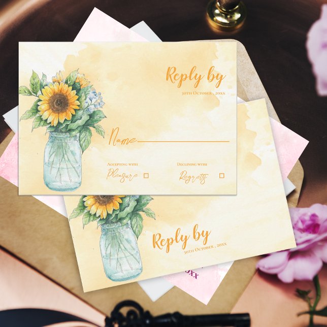 Mason Jar Rustic Sunflower Country Wedding Reply RSVP Card (Mason Jar Rustic Sunflower Country Wedding Reply RSVP Card)