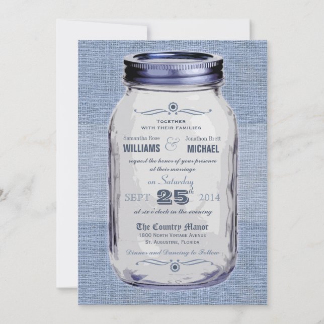 Mason Jar Rustic Vintage Look Blue Wedding Invite (Front)