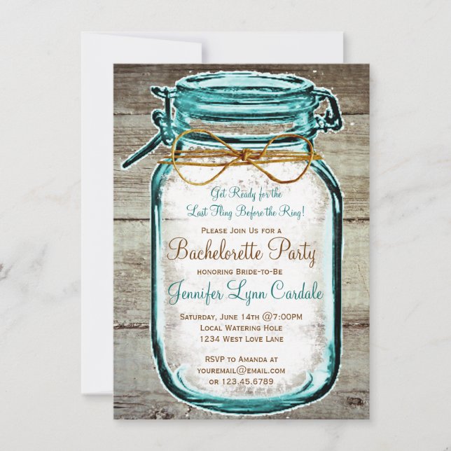 Mason Jar Rustic Wood Bachelorette Party Invites (Front)