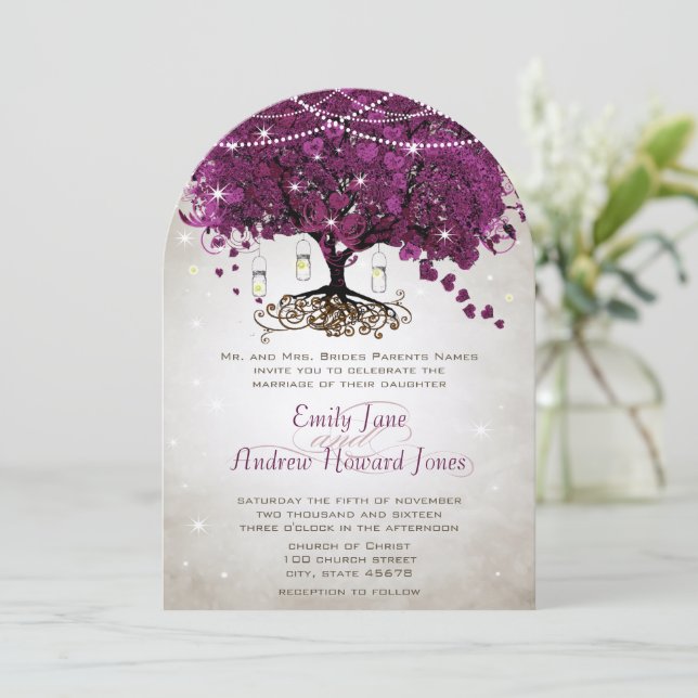 Mason Jar Sangria Heart Leaf Firefly Tree Wedding Invitation (Standing Front)