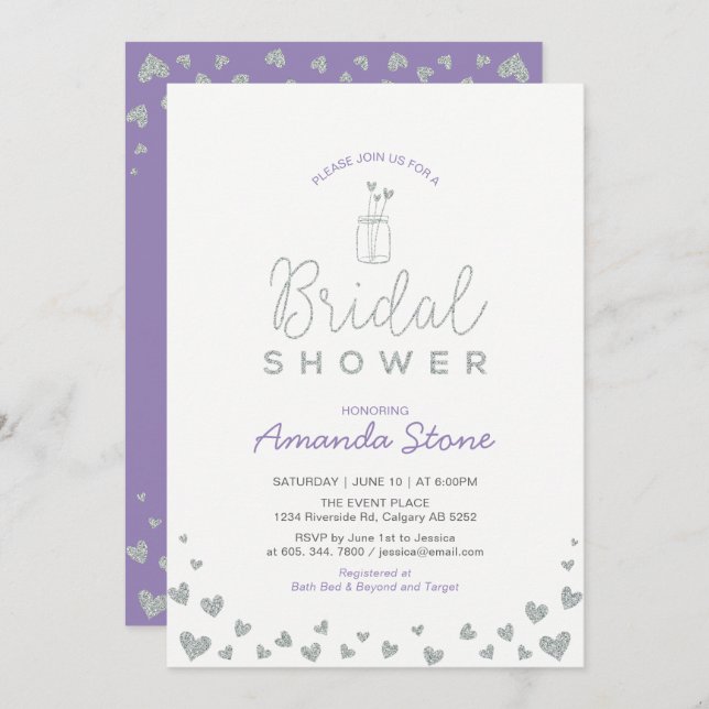Mason Jar, Silver Glitter & Purple Bridal Shower Invitation (Front/Back)