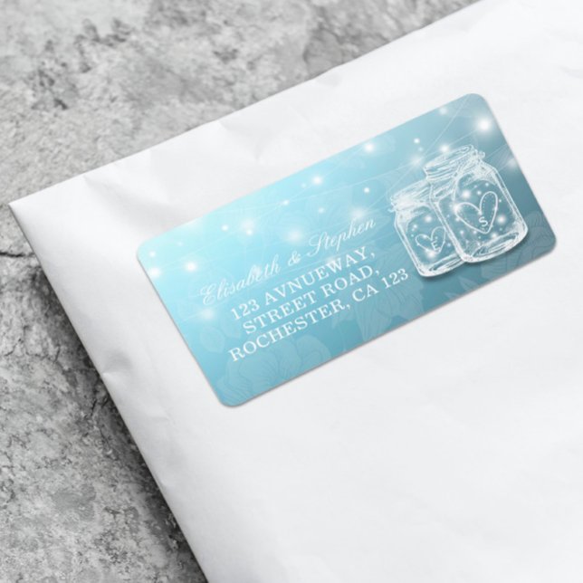 Mason Jar String Light Blue Floral Wedding Address Label (Creator Uploaded)