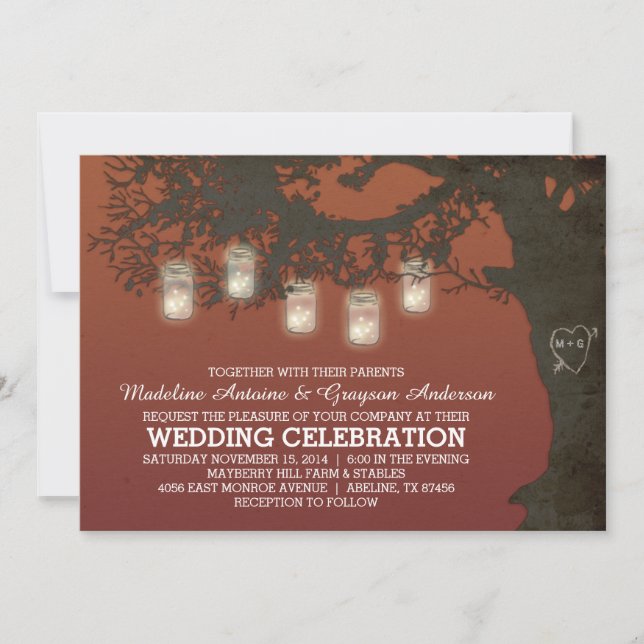 Mason Jar String Lights Autumn Tree Wedding Invitation (Front)