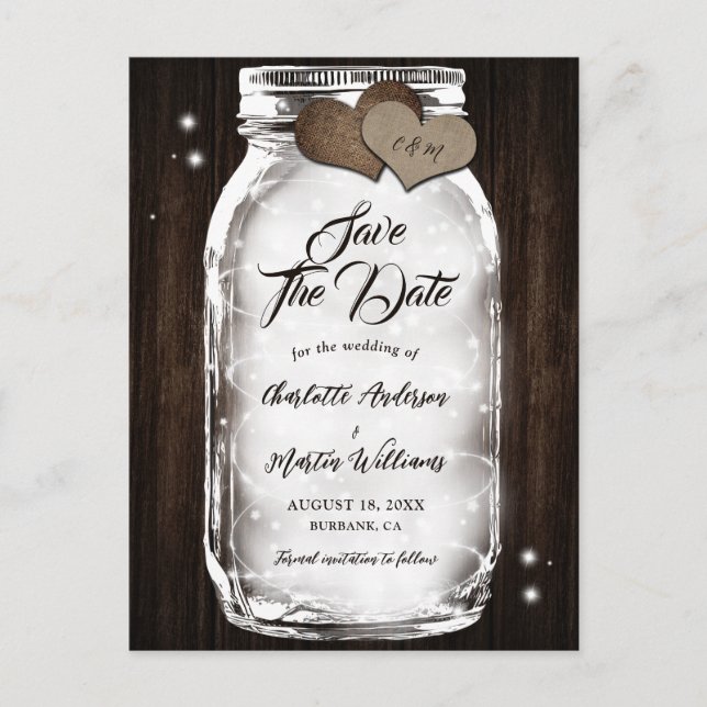 Mason Jar String Lights Barn Rustic Wood Wedding Announcement Postcard (Front)