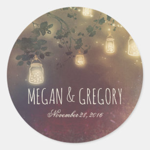 Mason Jar String Lights Branches Rustic Wedding Classic Round Sticker