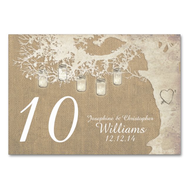 Mason Jar String Lights Burlap Tree Table Number (Front)