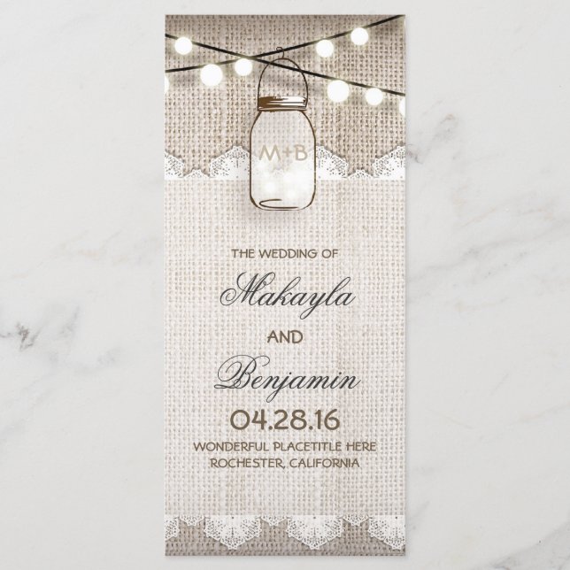 Mason Jar String Lights Burlap Wedding Programs Programme (Front)