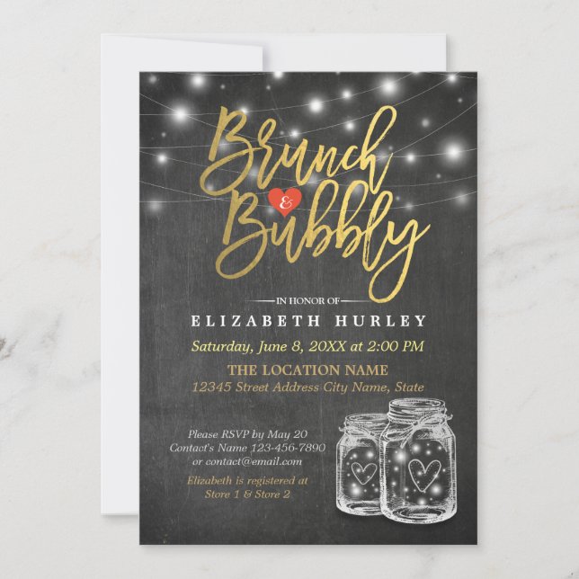 Mason Jar String Lights Chalkboard Brunch & Bubbly Invitation (Front)