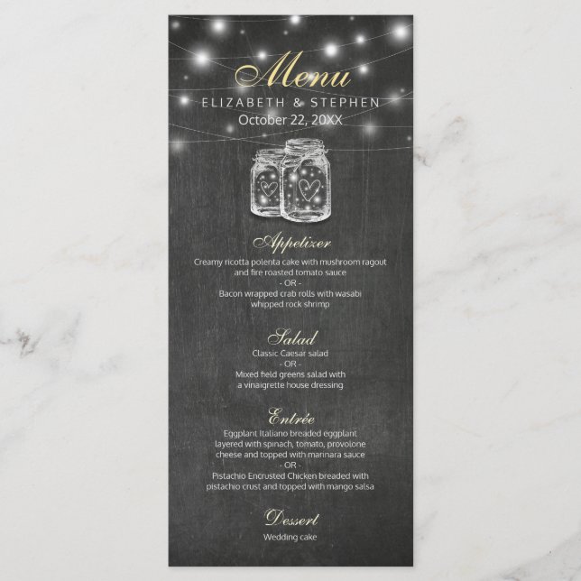Mason Jar & String Lights Chalkboard Wedding Menu (Front)