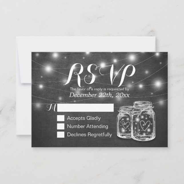 Mason Jar & String Lights Chalkboard Wedding RSVP (Front)