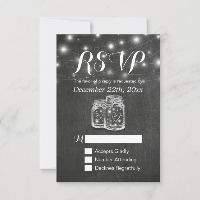 Mason Jar & String Lights Chalkboard Wedding RSVP Card (Front)