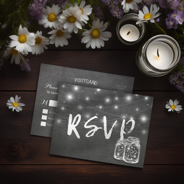 Mason Jar & String Lights Chalkboard Wedding RSVP Invitation Postcard (Creator Uploaded)