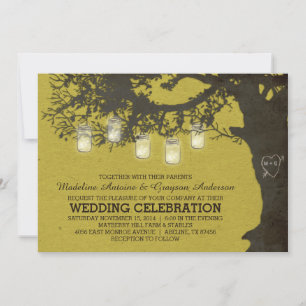 Mason Jar String Lights Chartreuse Tree Wedding Invitation