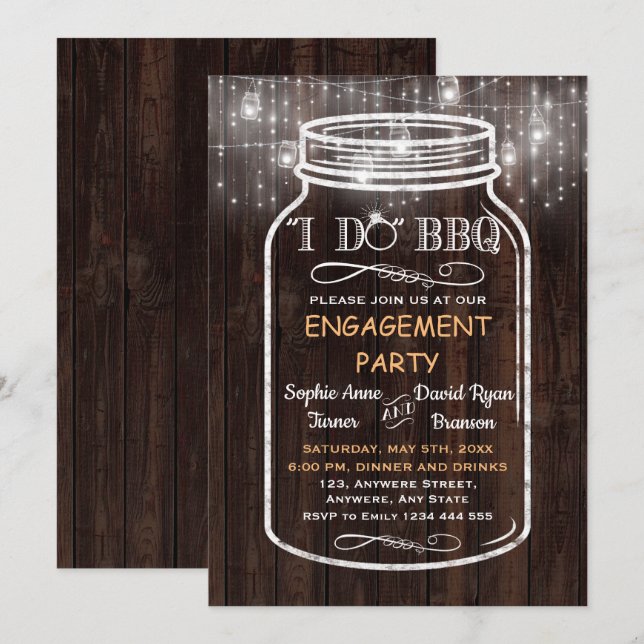 Mason Jar String Lights I DO BBQ Wood Engagement Invitation (Front/Back)