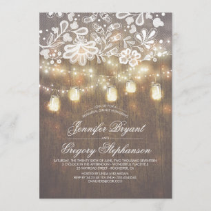 Mason Jar String Lights Lace Rehearsal Dinner Invitation