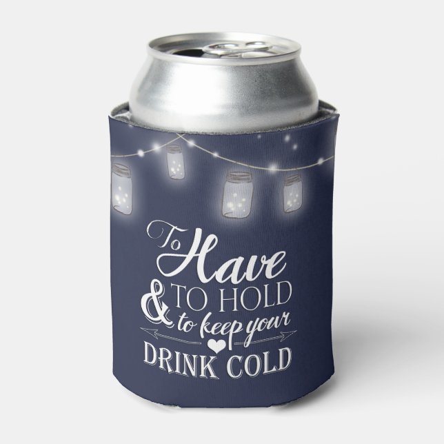 Mason Jar String Lights Navy Blue Wedding Can Cooler (Can Front)