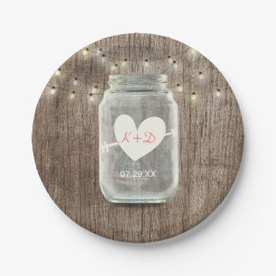 Mason Jar & String Lights Rustic Barn Wood Wedding Paper Plate
