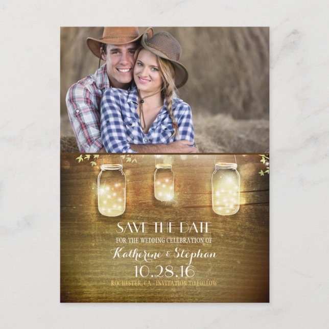 Mason Jar String Lights Rustic Photo Save the Date Announcement Postcard (Front)