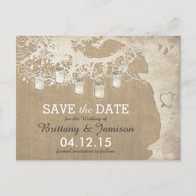 Mason Jar String Lights Rustic Tree Save the Date Announcement Postcard (Front)