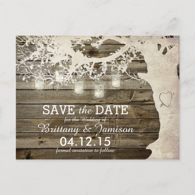 Mason Jar String Lights Rustic Tree Save the Date Announcement Postcard (Front)
